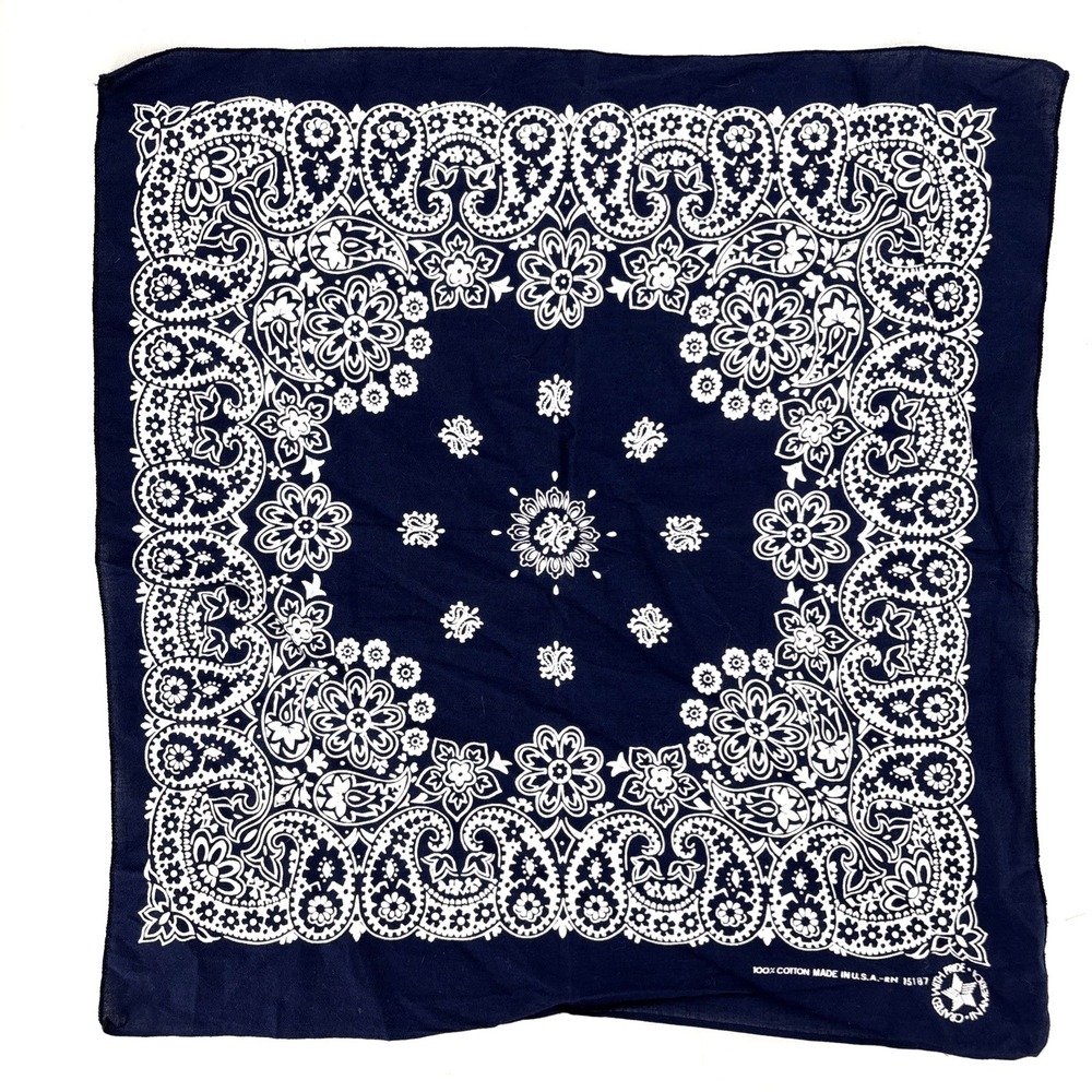 Vintage 1970s Indigo Bandana Floral Cotton USA Made RN 15187